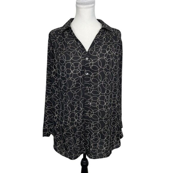 Charter Club Blouse Plus Size 1X Black Multicolored Geometric Button Long Sleeve - Picture 1 of 10